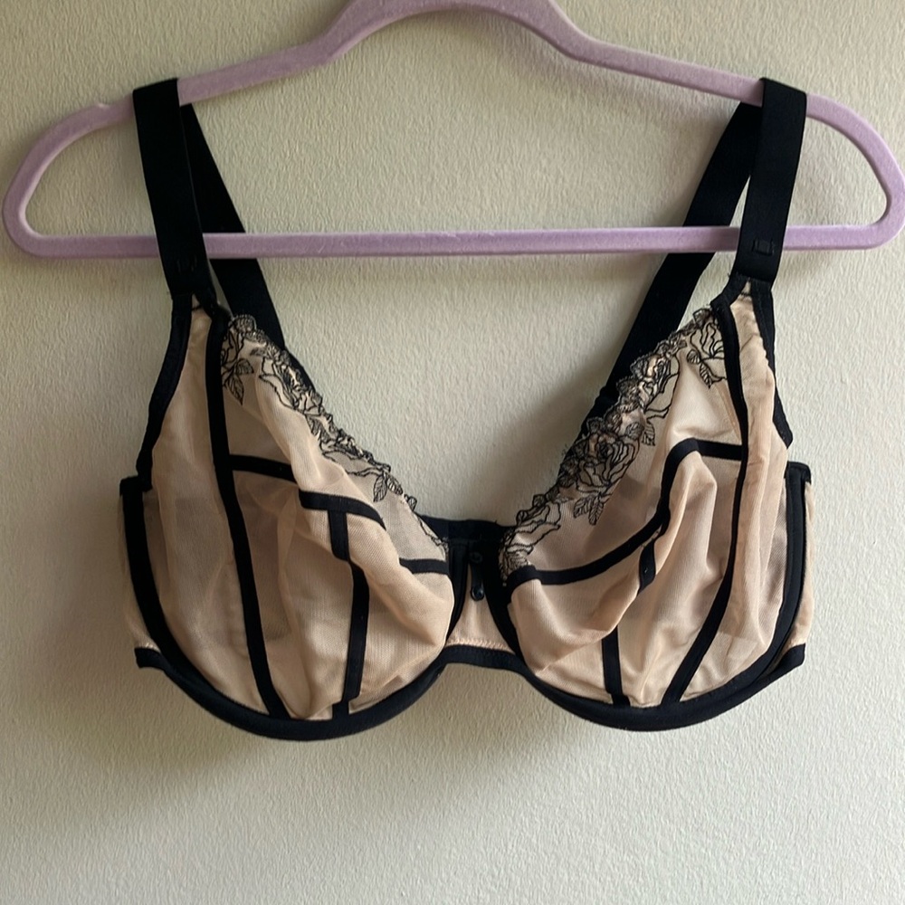 Elomi Size 36I Sheer Black Cream Lace Caged Mesh Full Coverage Underwire Bra